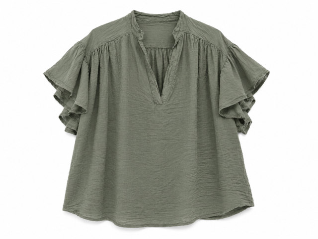 BLOUSE AMPLE MANCHES VOLANTS KAKI