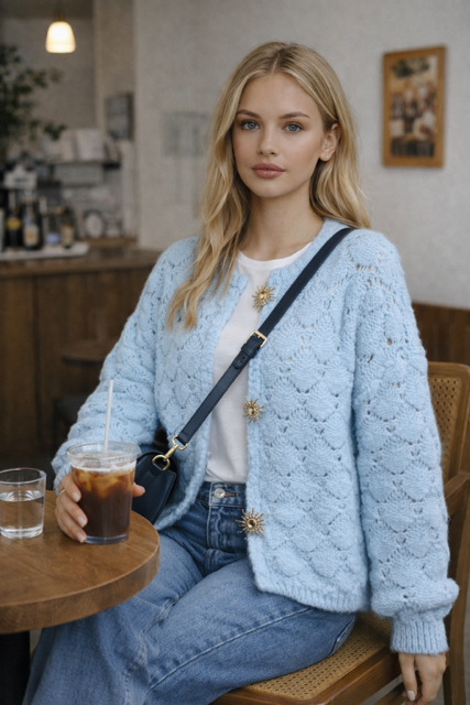 GILET AJOURE CIEL BROCHES SOLEIL