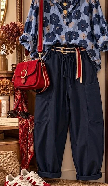 COMBO PANTA JOGG BALLON MARINE + BLOUSE FLEURS