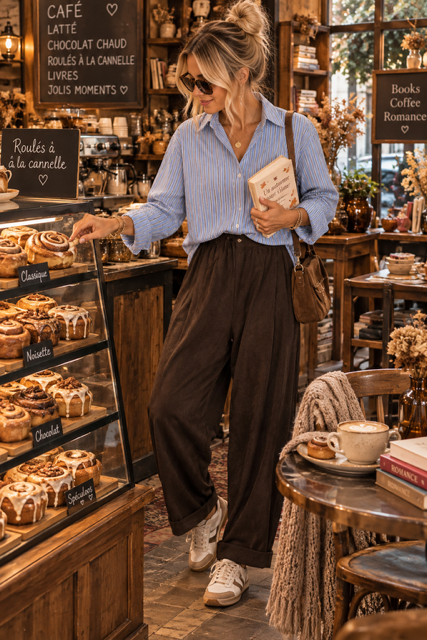 COMBO PANTALON BARREL CHOCO CEINTURE + CHEMISE RAYEE BLEU CHOCO