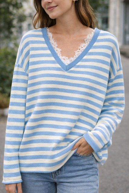 SWEAT RAYE BLEU DENTELLE