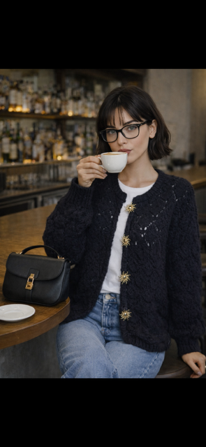 GILET NOIR BROCHES SOLEIL