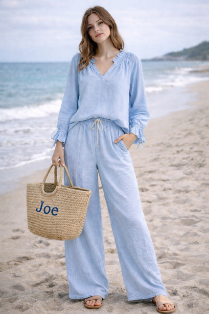 PANTALON EN GAZE DE COTON CIEL