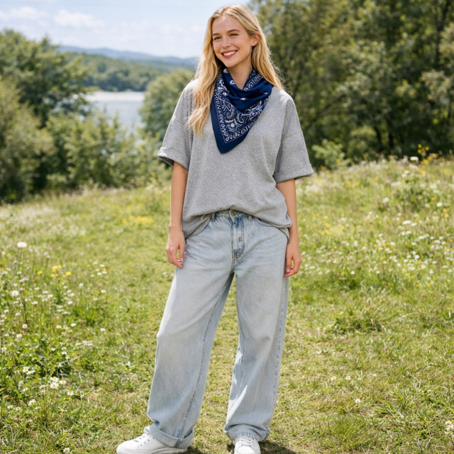 TEESHIRT GRIS + FOULARD BANDANA MARINE