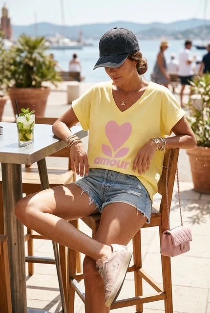 TEESHIRT AMOUR JAUNE CITRON / ROSE