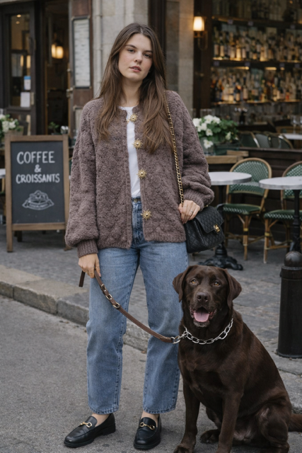 GILET AJOURE CAPUCCINO BROCHES SOLEIL