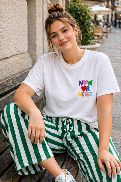 PANTALON EN GAZE DE COTON RAYURES VERTES / BLANCHES GRANDE TAILLE