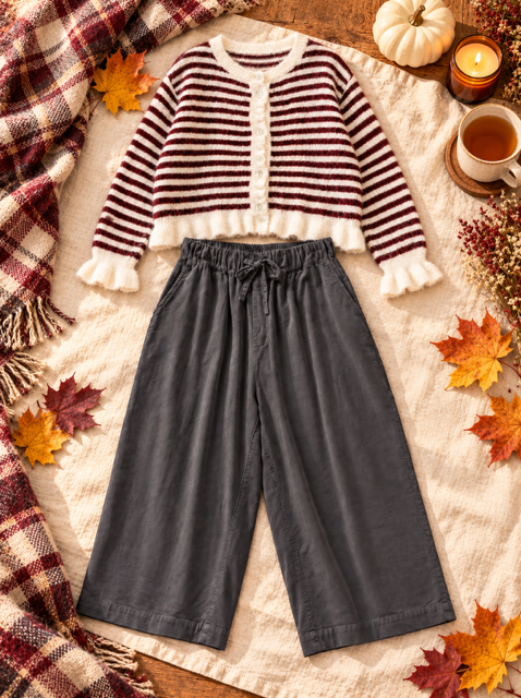 COMBO PANTALON EN VELOURS GRIS + GILET RAYE BORDEAUX
