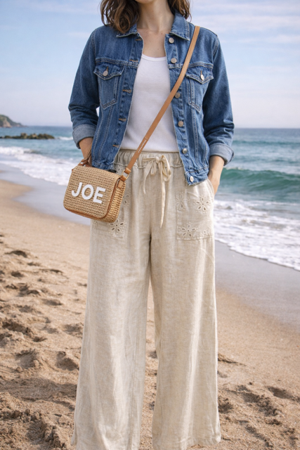 PANTALON  POCHES BRODERIES ANGLAISES BEIGE