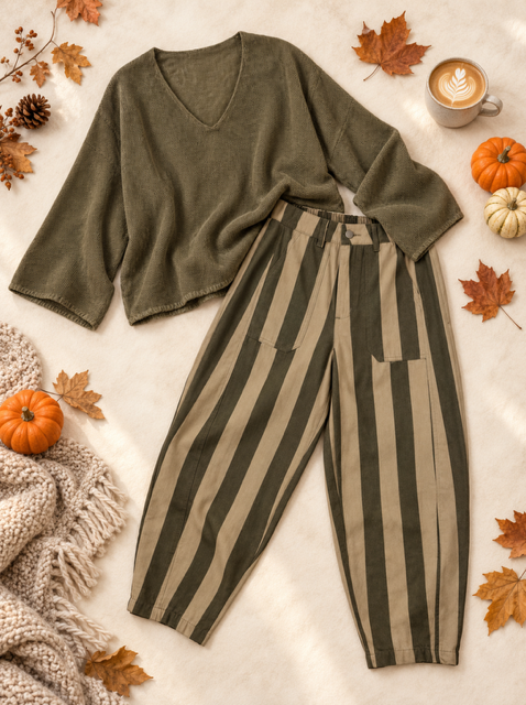 COMBO PANTALON RAYE + PULL KAKI EN KID MOHAIR