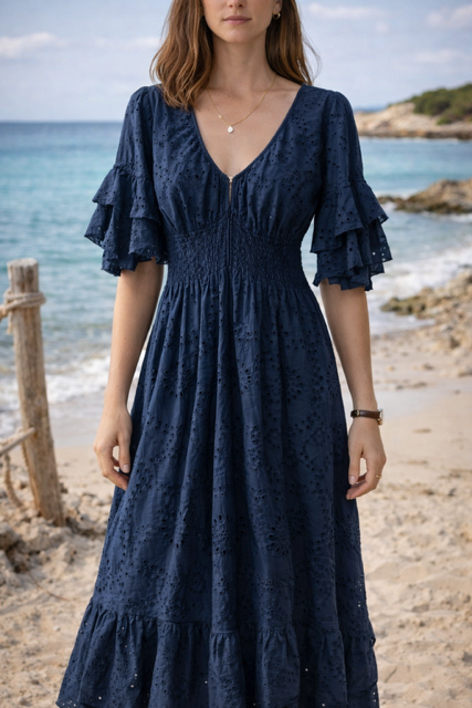ROBE LONGUE BRODERIE ANGLAISE MARINE