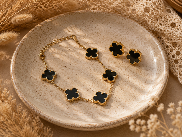 BRACELET + BOUCLES D'OREILLES TREFLE NOIR
