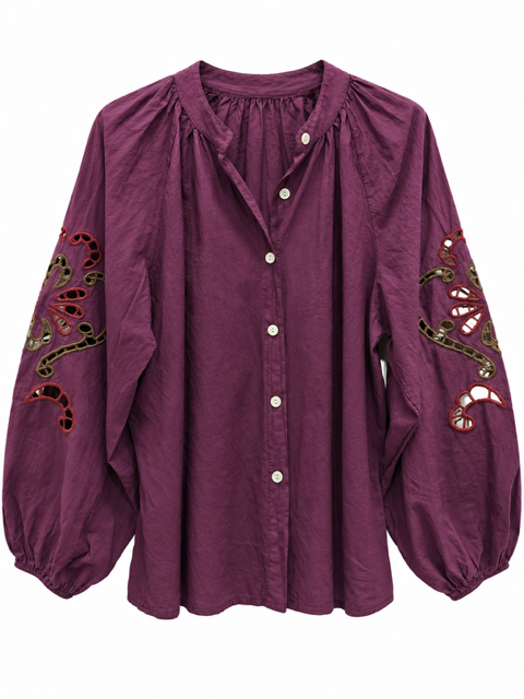 CHEMISE COTON BRODEE SUR LES MANCHES PRUNE