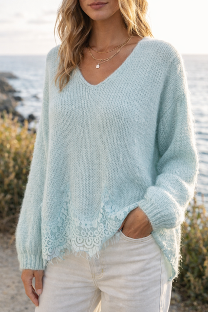 PULL DENTELLE EN BAS MENTHE VERT D'EAU