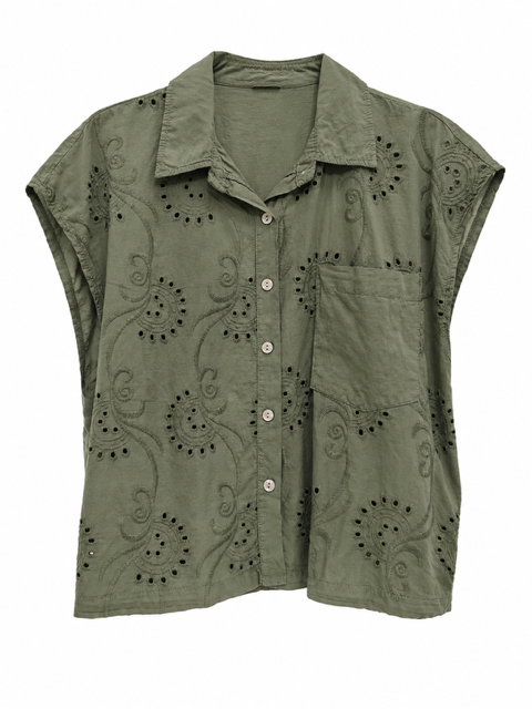 CHEMISIER BI MATIERE EN BRODERIE ANGLAISE KAKI