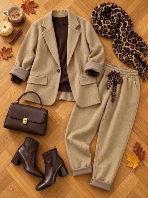 COMBO PANTALON + BLAZER EN VELOUR LISSE BEIGE