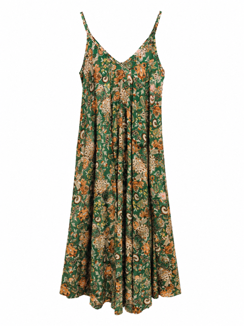 ROBE TRAPEZE IMPRIMEE FLEURS VERTE