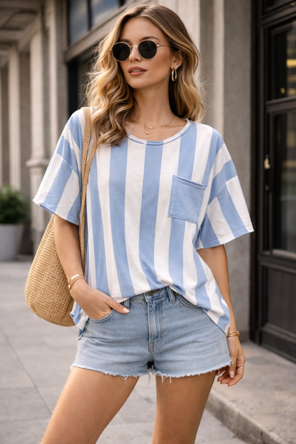 TEESHIRT RAYE POCHE BLEU JEANS