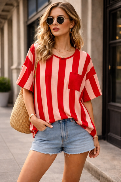 TEESHIRT RAYE POCHE ROUGE