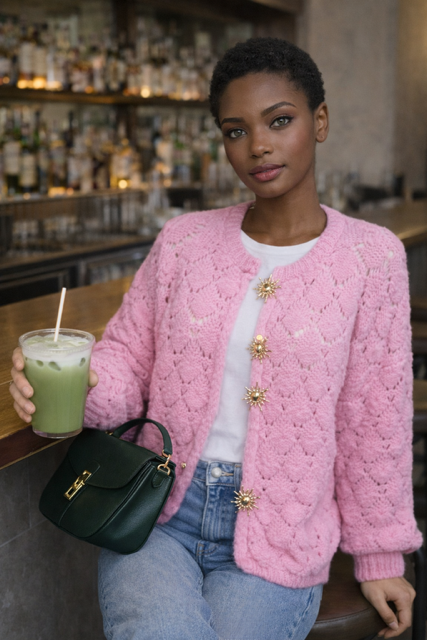 GILET AJOURE ROSE BROCHES SOLEIL