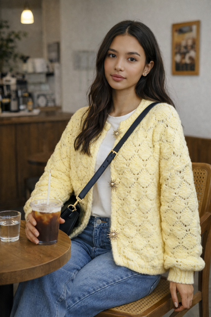 GILET AJOURE CITRON BROCHES SOLEIL