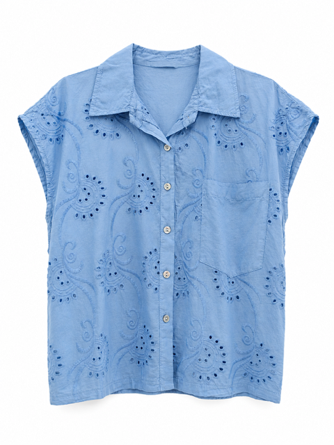 CHEMISIER BI MATIERE EN BRODERIE ANGLAISE CIEL