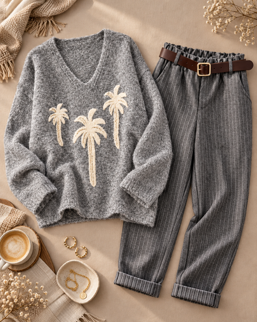 COMBO PULL PALMIER + PANTALON GRIS + CEINTURE