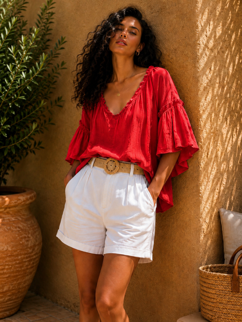 BLOUSE EN COTON MANCHES A VOLANTS ROUGE