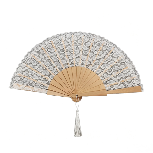 EVENTAIL EN BOIS ET DENTELLE BLANCHE