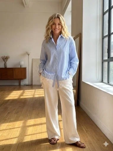 CHEMISE RAYEE BLEU DENTELLE BLANCHE