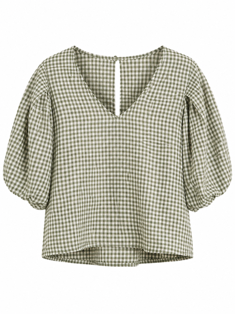BLOUSE VICHY KAKI MANCHES BOULES