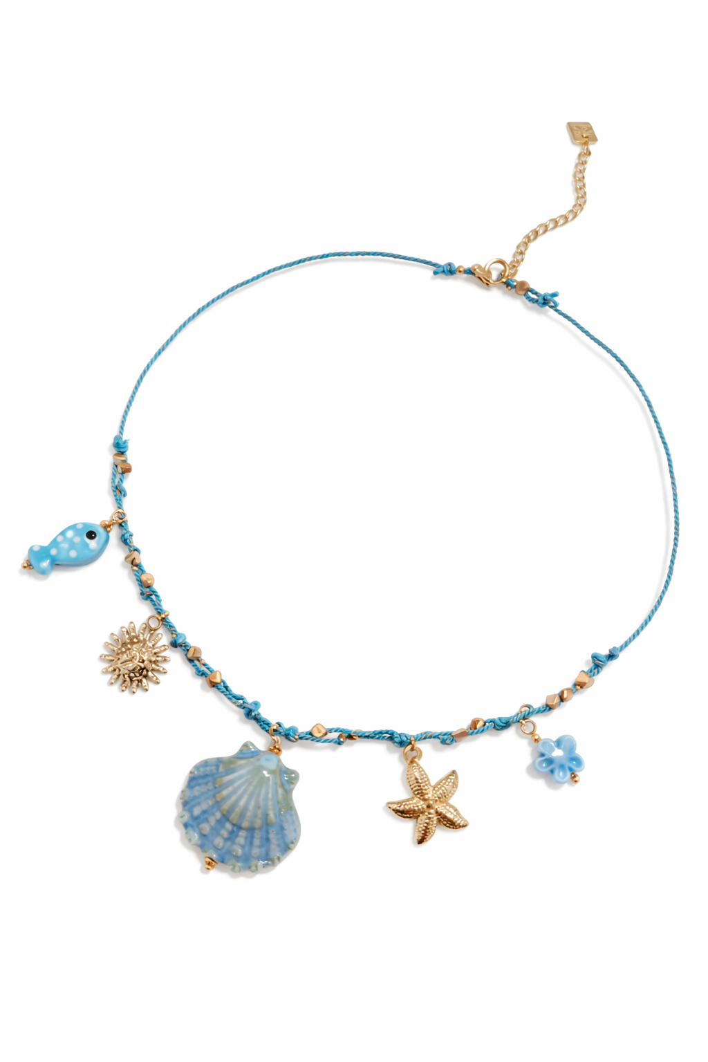COLLIER CORDON COQUILLAGE CERAMIQUE BLEU DORE