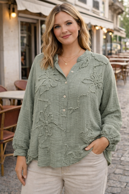 BLOUSE BRODERIES FLEURS KAKI