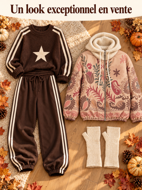 LOOK DE FOU !!  5 PIECES ENSEMBLE CHOCO VESTE BEIGE CAGOULE ET MITAINES