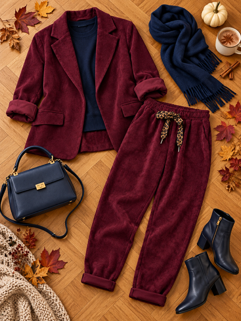 COMBO PANTALON + BLAZER EN VELOUR LISSE BORDEAUX