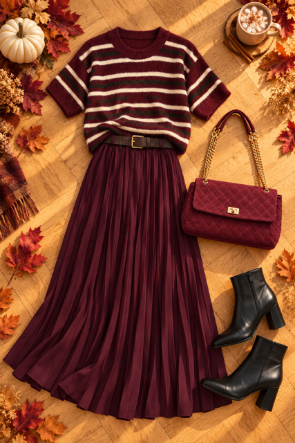 COMBO PULL RAYE TOUT DOUX + JUPE PLISSEE + CEINTURE BORDEAUX