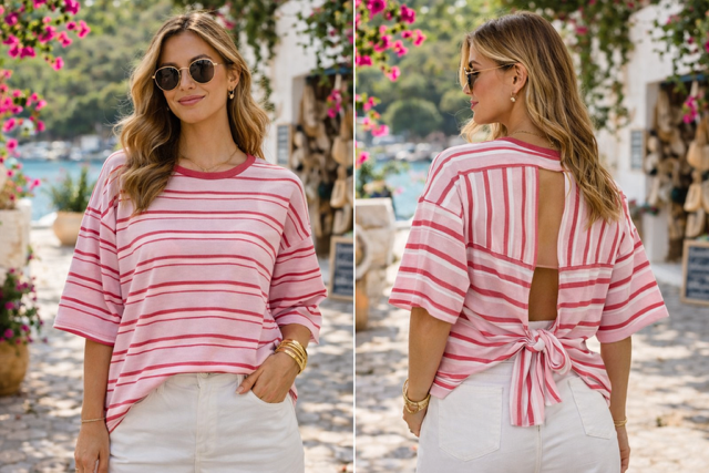 TEESHIRT RAYEE DOS OUVERT ROSE