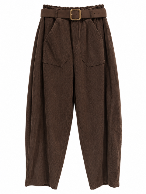 PANTALON BARREL EN VELOUR CHOCO + CEINTURE