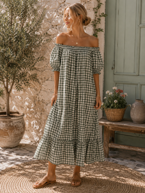 ROBE LONGUE VICHY KAKI