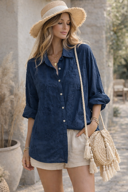 CHEMISE EN BRODERIE ANGLAISE BLEU MARINE