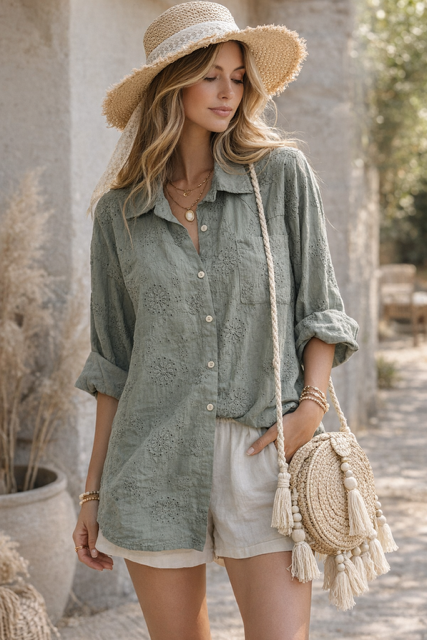 CHEMISE EN BRODERIE ANGLAISE KAKI