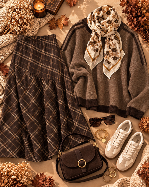 COMBO JUPE A CARREAUX CHOCO + PULL CHOCO + FOULARD