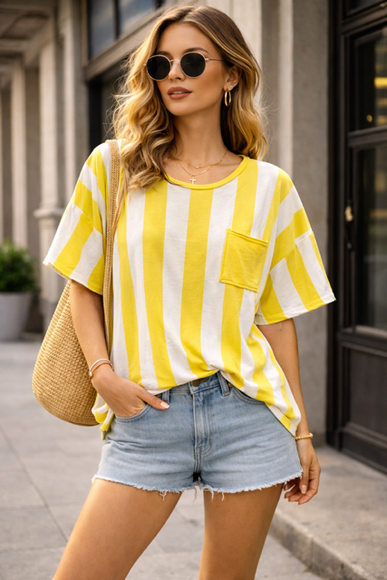 TEESHIRT RAYE POCHE CITRON