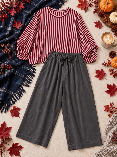 COMBO PANTALON EN VELOURS GRIS + TOP RAYE OVERSIZE