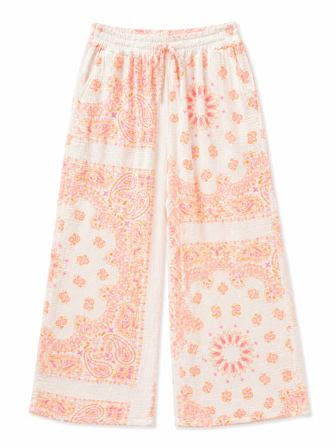 PANTALON EN GAZE DE COTON BANDANA BLANC / ORANGE GRANDE TAILLE