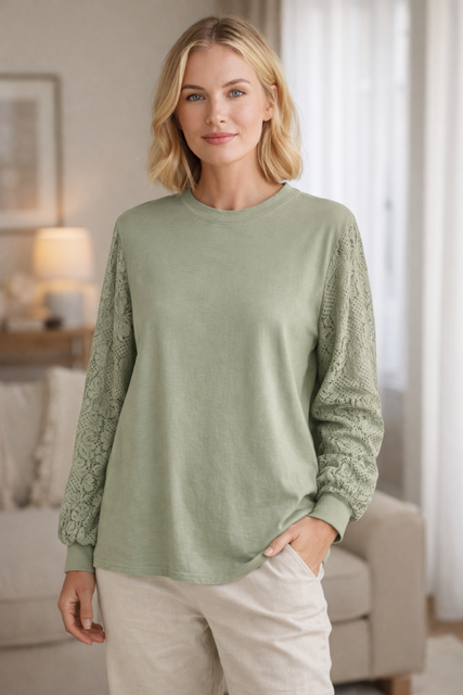 HAUT MANCHES DENTELLE KAKI