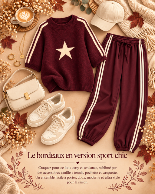 PANTALON BORDEAUX BANDES BLANCHES