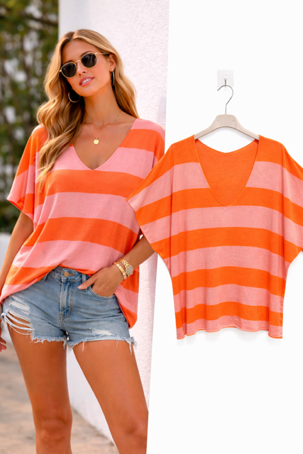 TEESHIRT OVERSIZE RAYE ORANGE / ROSE