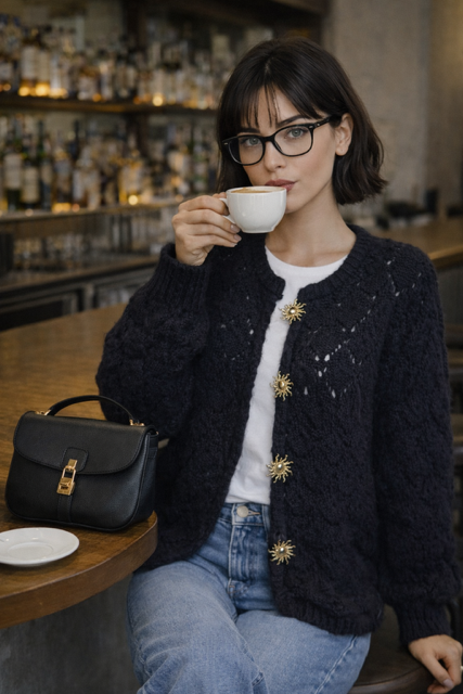 GILET AJOURE NOIR BROCHES SOLEIL