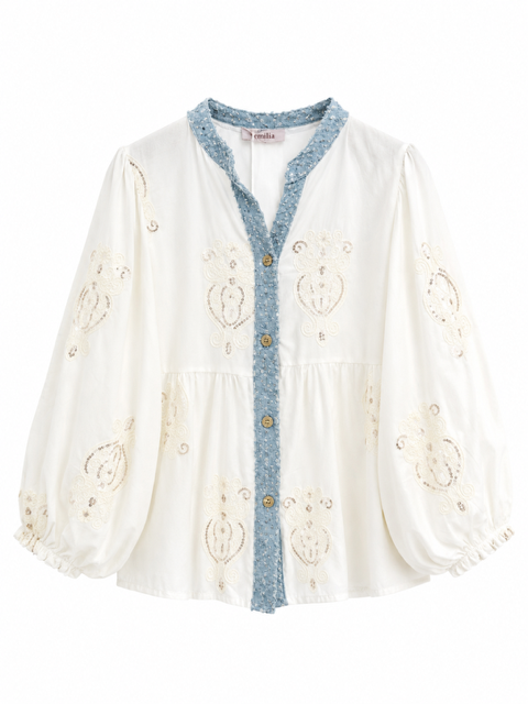 CHEMISE POPELINE MANCHES BALLON BRODERIES